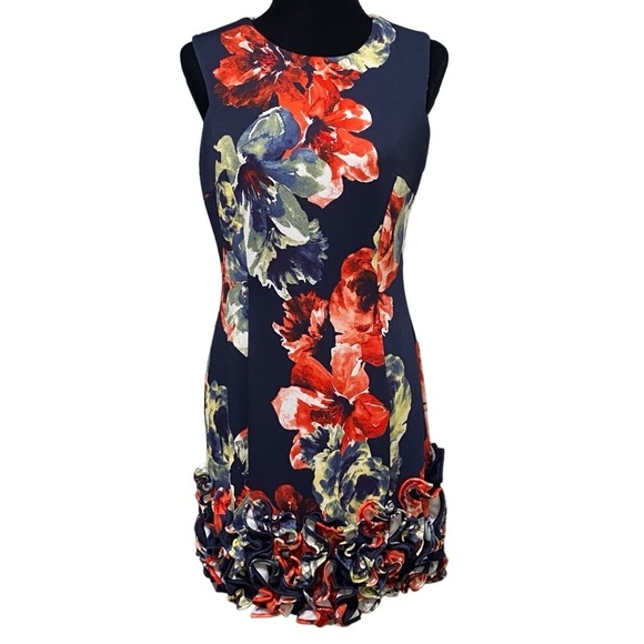 Donna Ricco Dresses & Skirts - Donna Ricco Tropical Floral Cupcake Hem Scuba Sheath Dress Navy Size 10